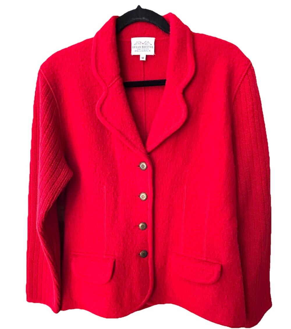 VTG Susan Bristol Red Boiled Wool Sweater Jacket M Austrian Style Tyrol Preppy